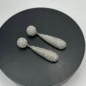 Kenneth Jay Lane KJL Kenneth Lane Pavé‎ Silvertone Teardrop Long Dangle Earrings